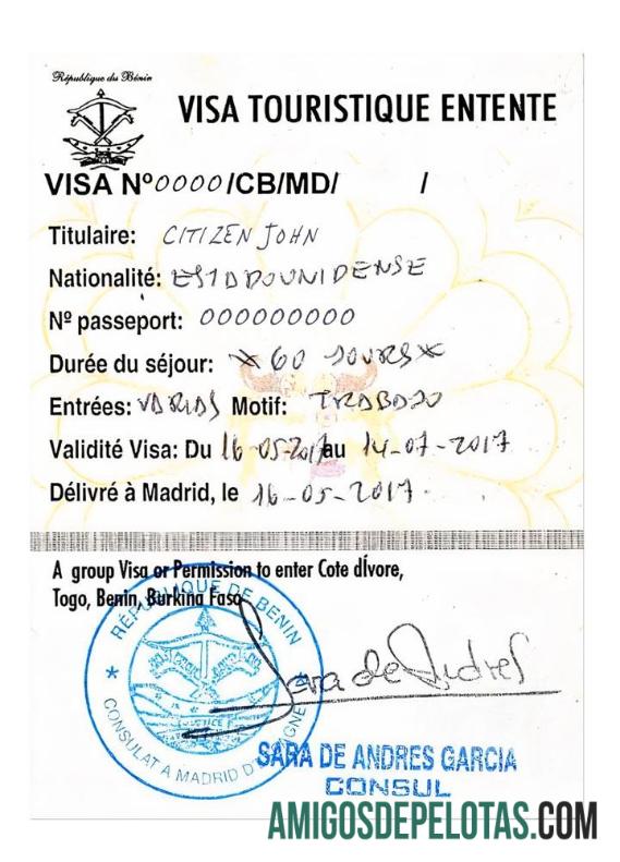 COTE D'IVOIRE, TOGO, BENIN, BURKINA FASO Visto de turista exemplo real